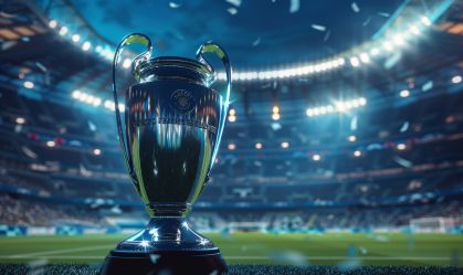 Champions League Trophy Illuminated. The prestigious Champions League trophy illuminated under spotlight on a stadium field, symbolizing victory and excellence in football.