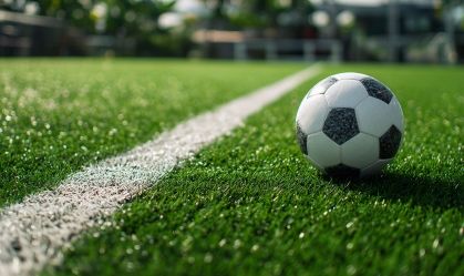 Soccer ball on a vibrant green pitch ready for play in a sunny afternoon Generative AI