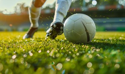 A soccer player is about to kick a white soccer ball on a green field