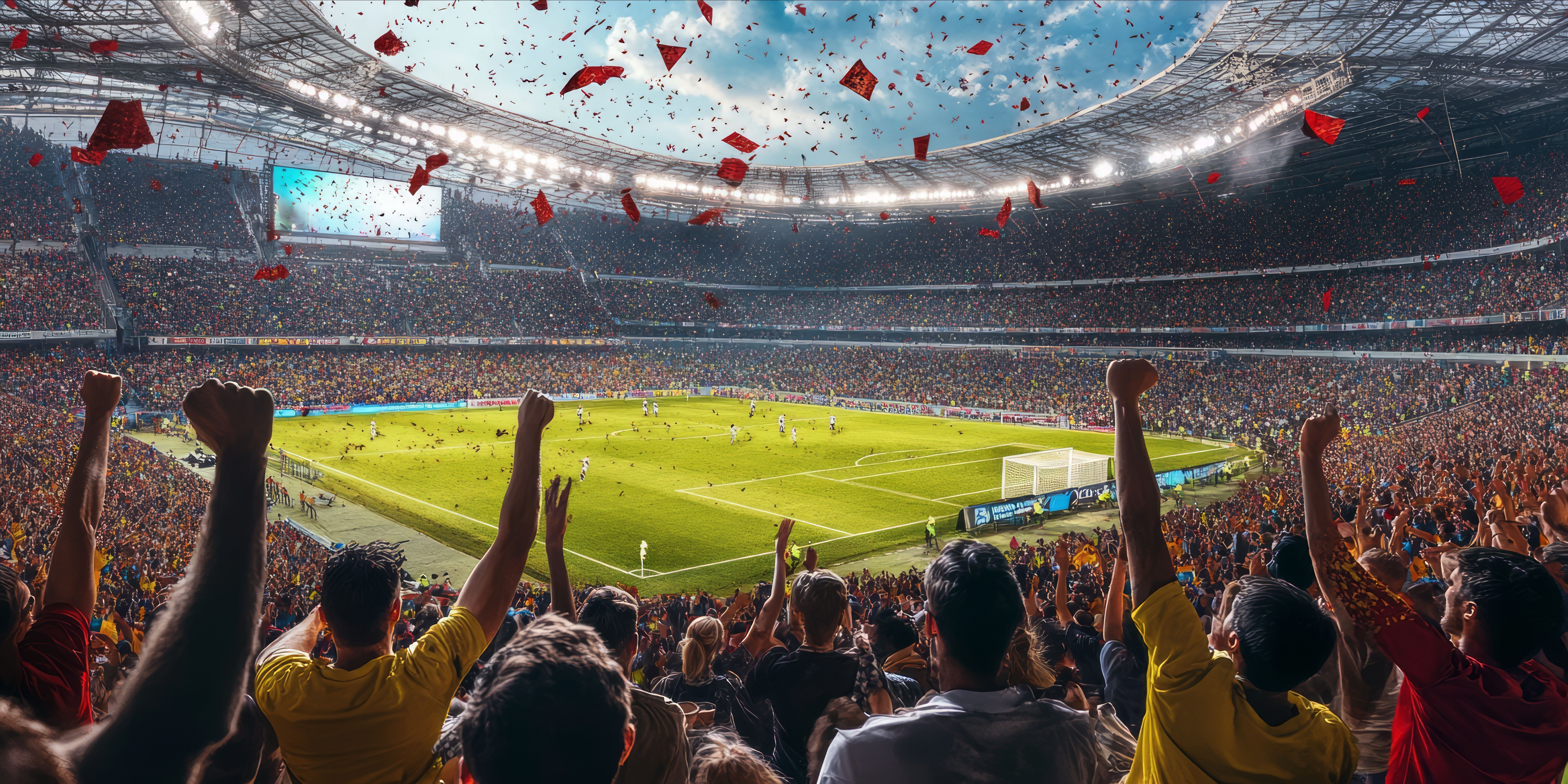 Fans enthusiastically cheering at a soccer stadium.