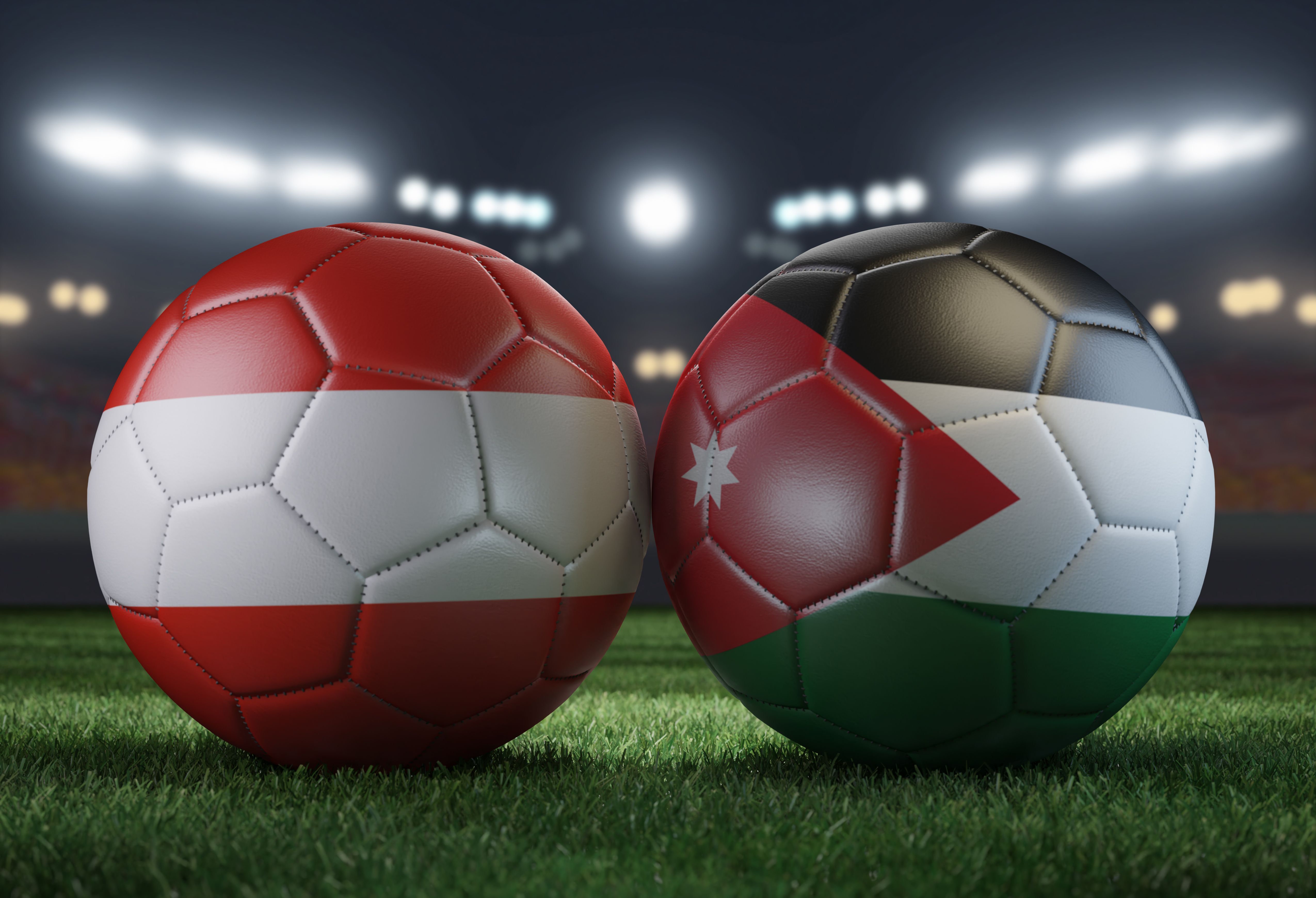 Two soccer balls in flags colors on a stadium blurred background. Austria vs Jordan. 3D image.