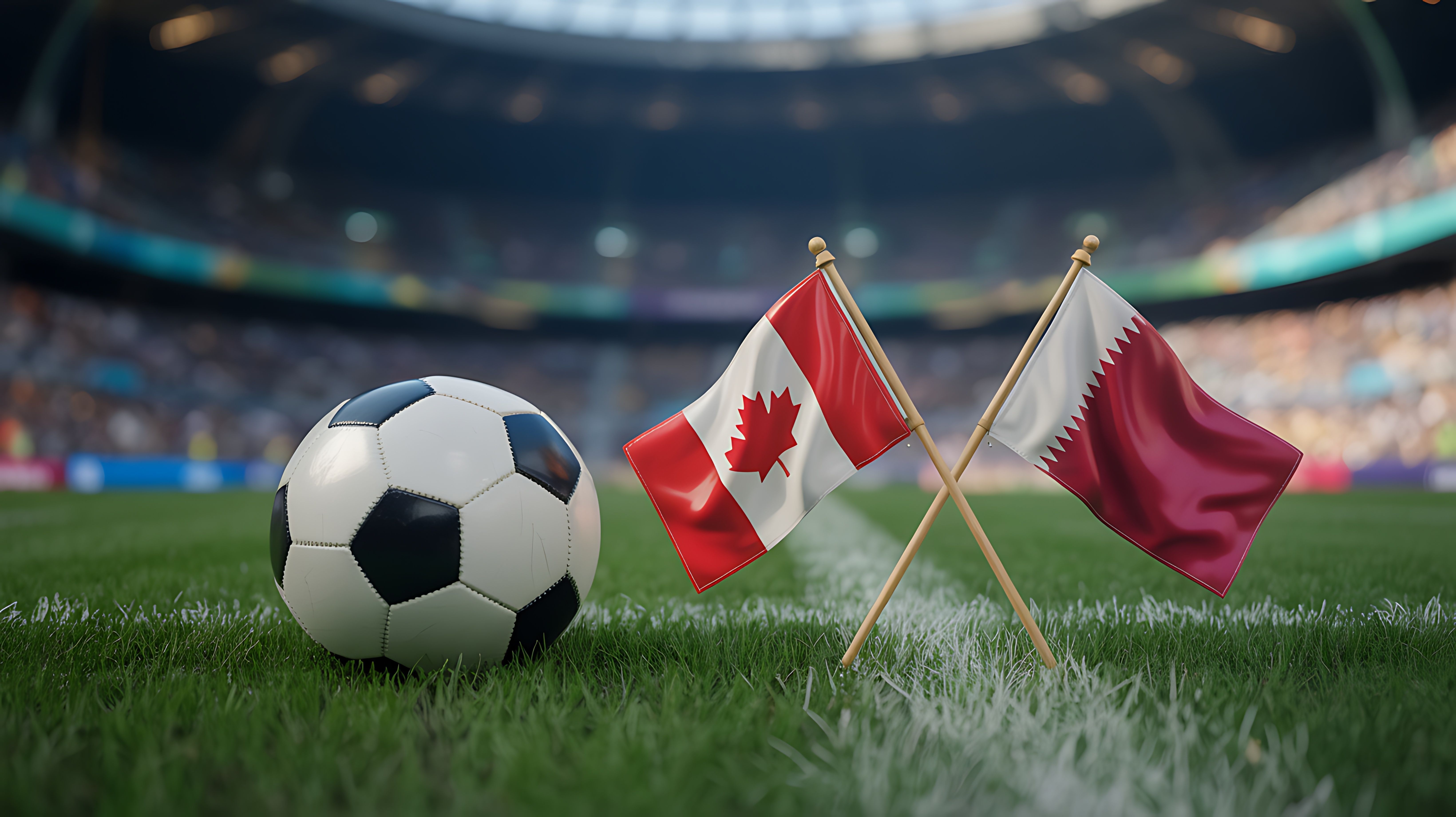 Soccer ball on grass with flags of Canada and Qatar on the pitch in a large professional stadium