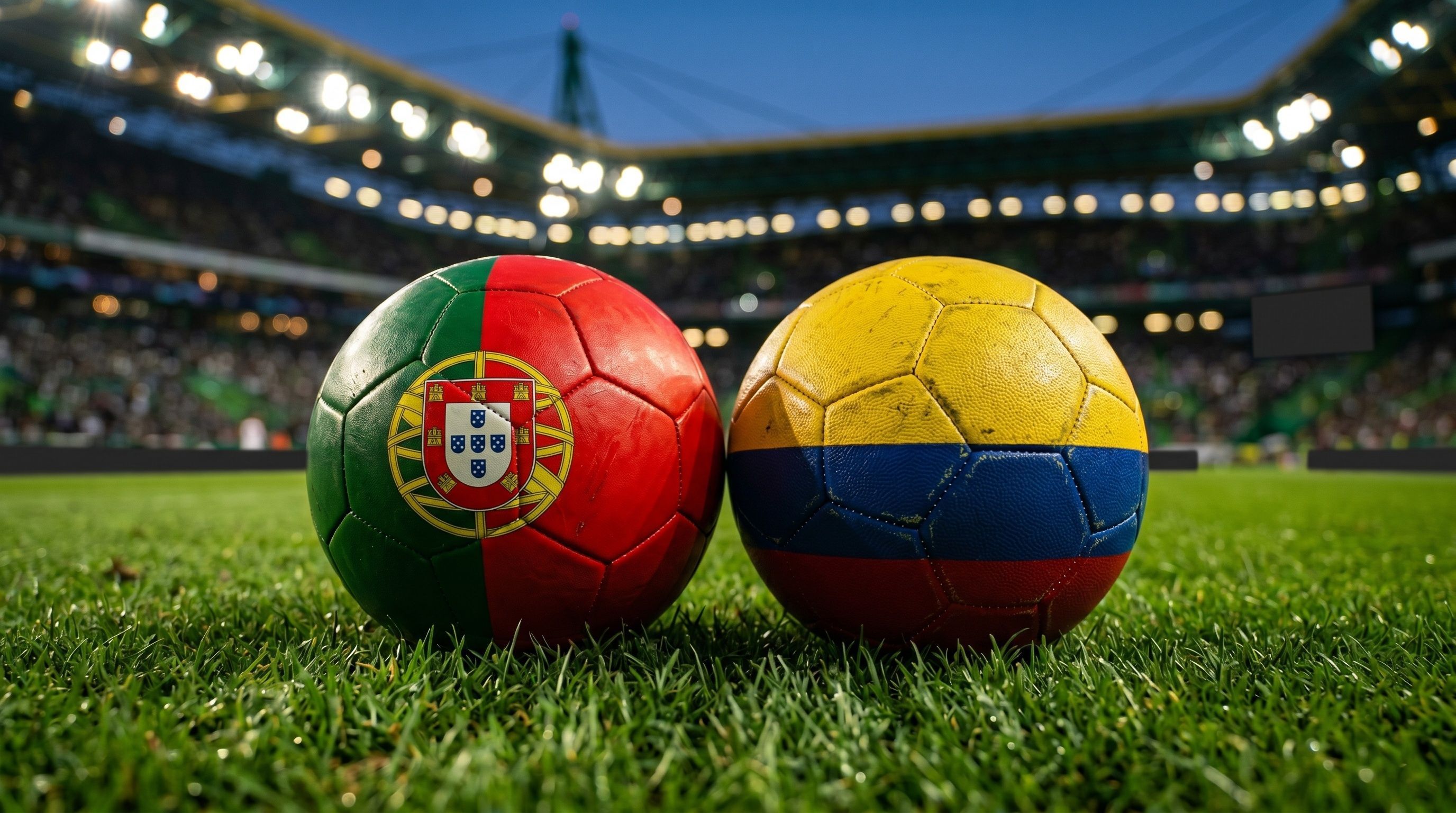 Portugal vs Colombia international football tournament match concept with two soccer balls painted in national flags on stadium grass pitch at night.