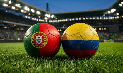 Portugal vs Colombia international football tournament match concept with two soccer balls painted in national flags on stadium grass pitch at night.