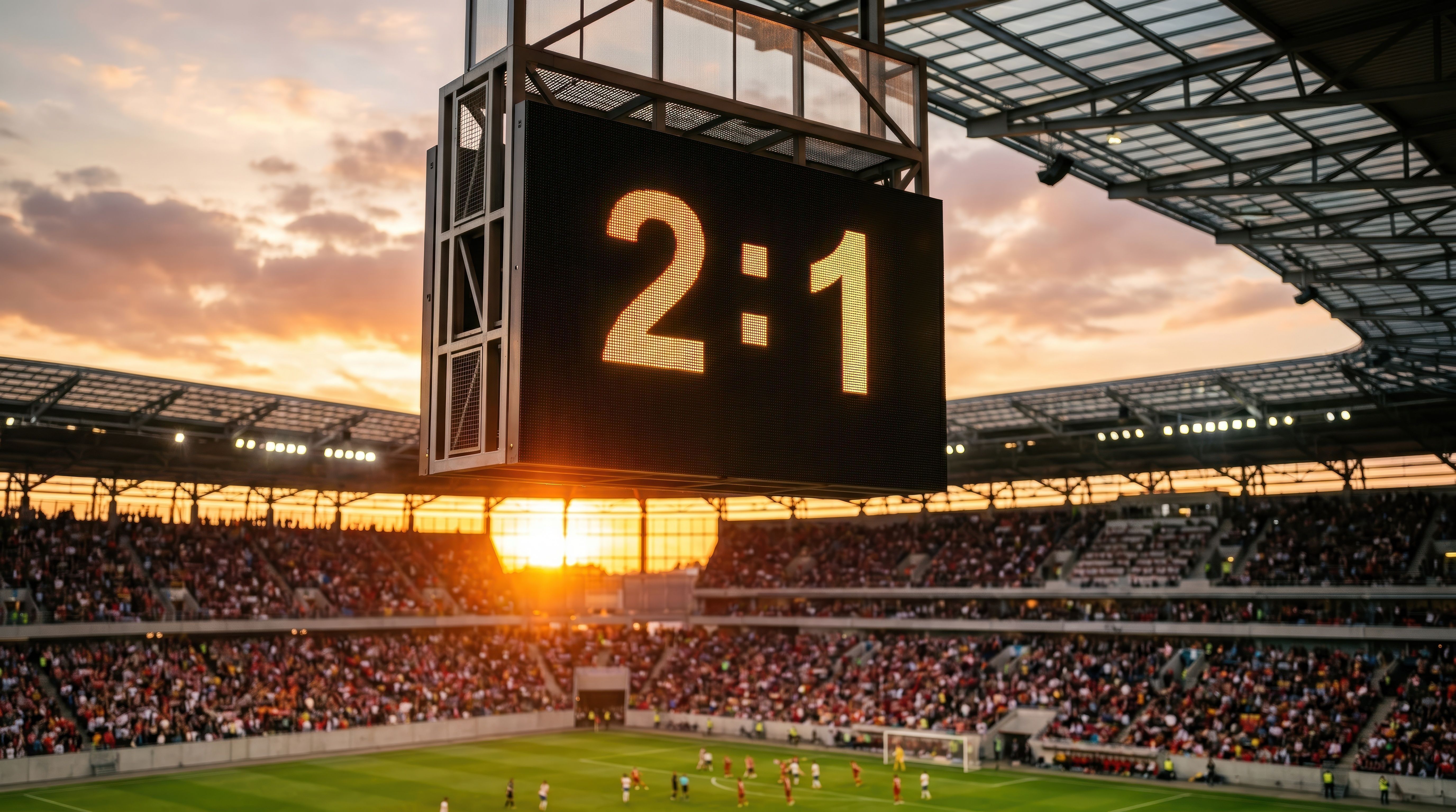 View of a 2:1 football match score on a giant screen during an orange sunset at a crowded sports stadium arena