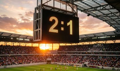 View of a 2:1 football match score on a giant screen during an orange sunset at a crowded sports stadium arena