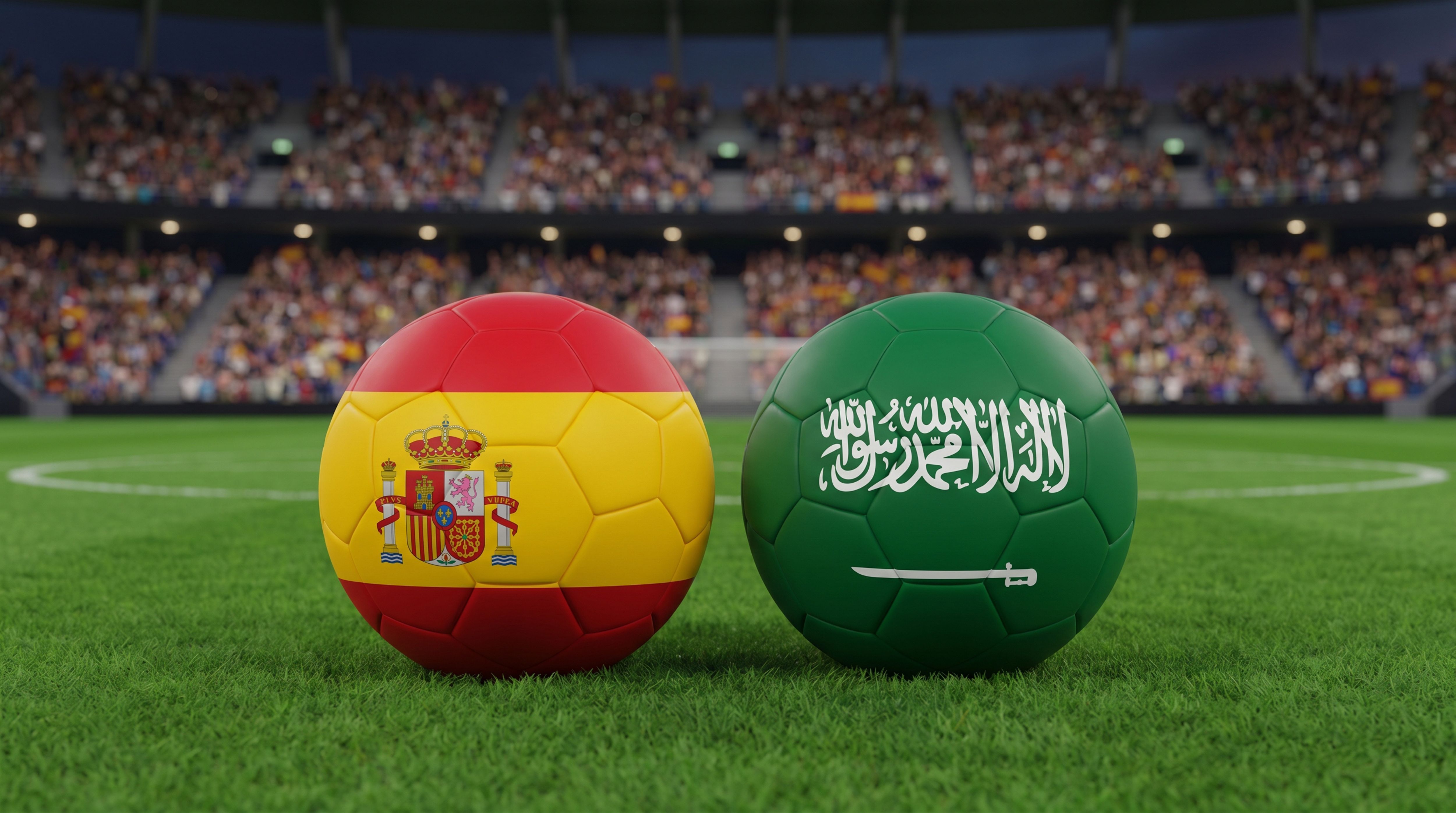 Spain vs Saudi Arabia Soccer Balls on a Football Pitch with Stadium Crowd in Background