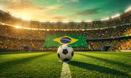 Brazilian soccer stadium with ball and flag in vibrant colors at sunset