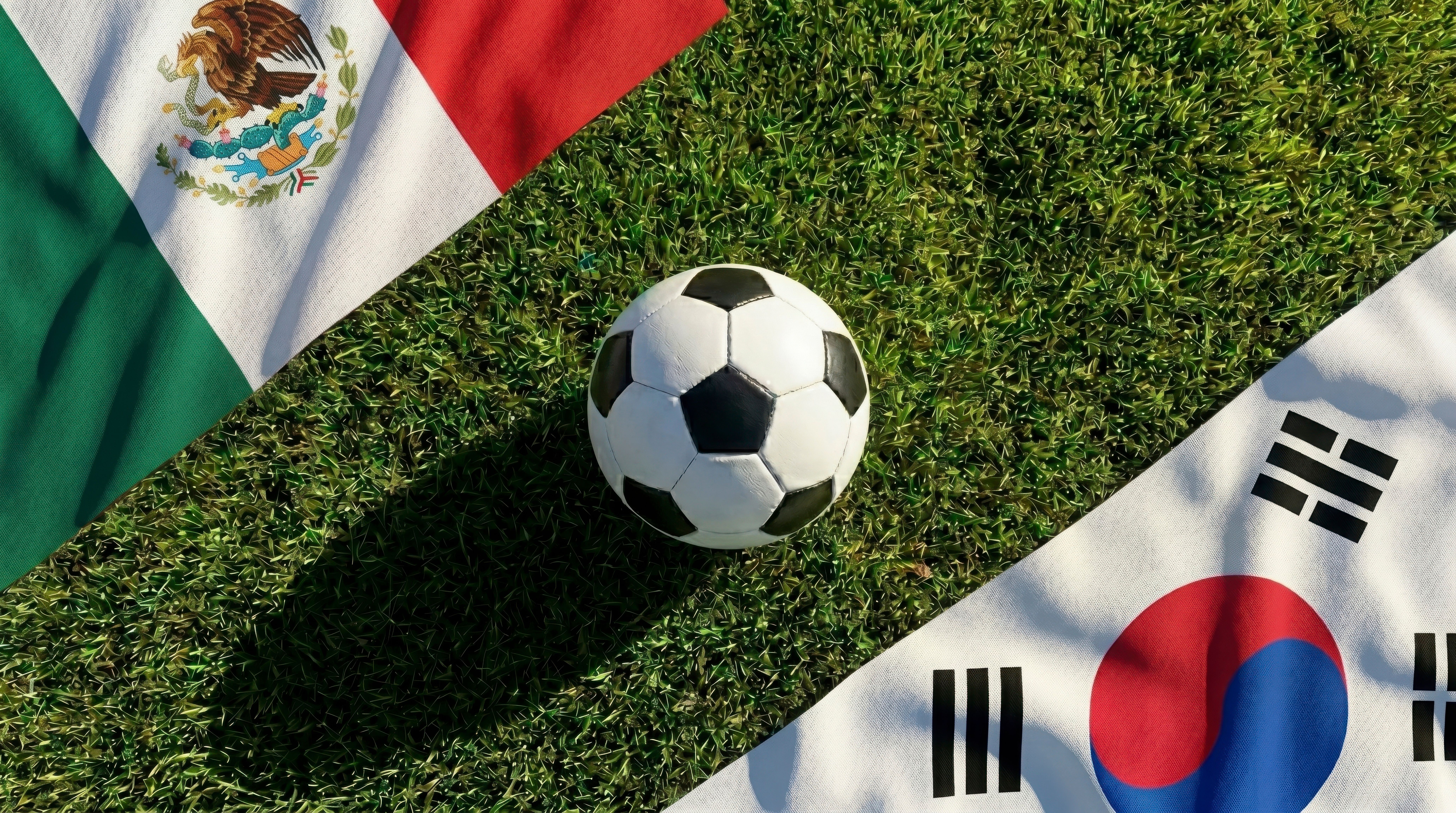 Soccer ball centered between mexico and south korea national flags on green grass field representing international sports competition and tournament rivalry