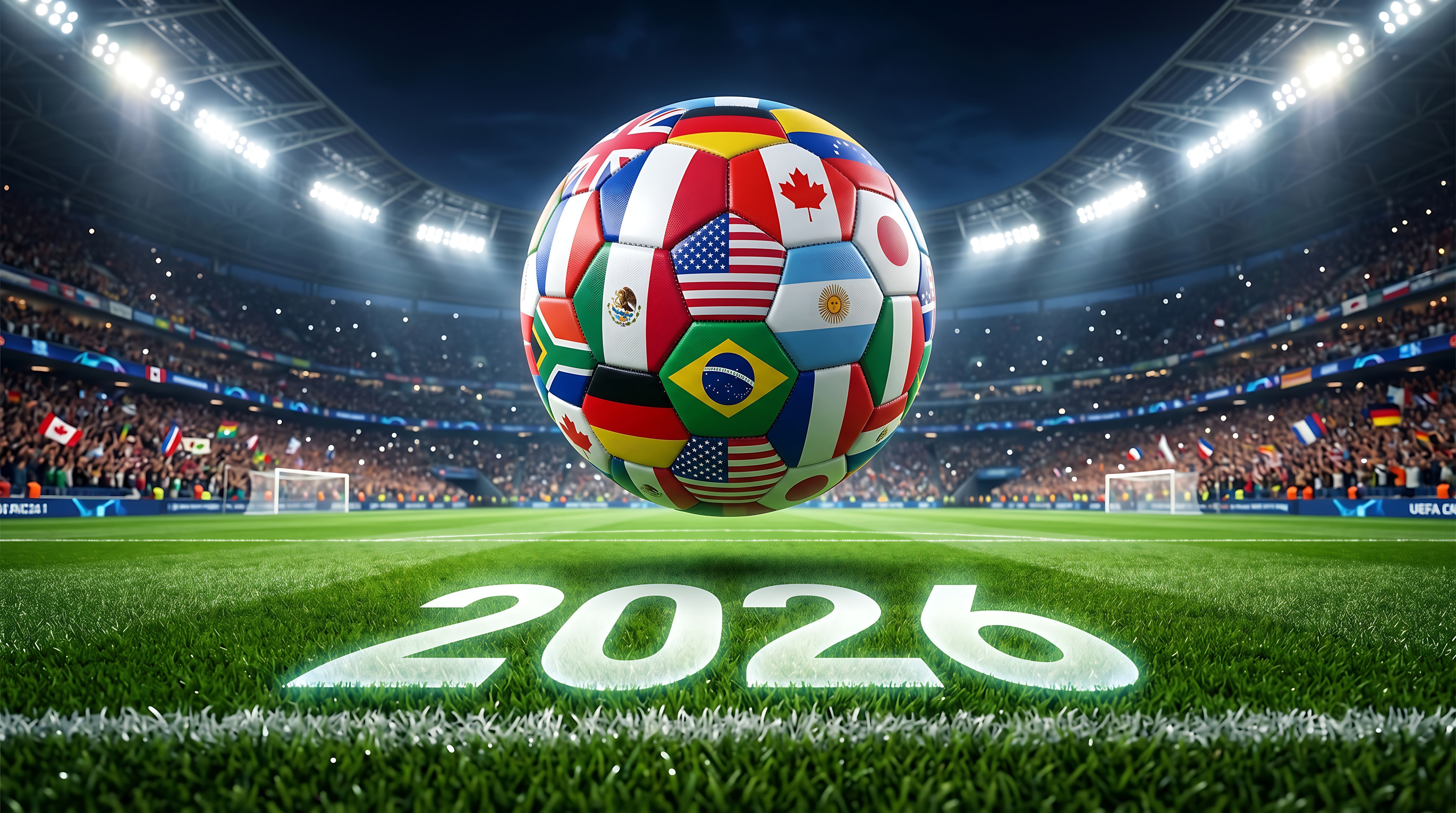 2026 world cup soccer ball with international flags in stadium