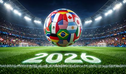 2026 world cup soccer ball with international flags in stadium