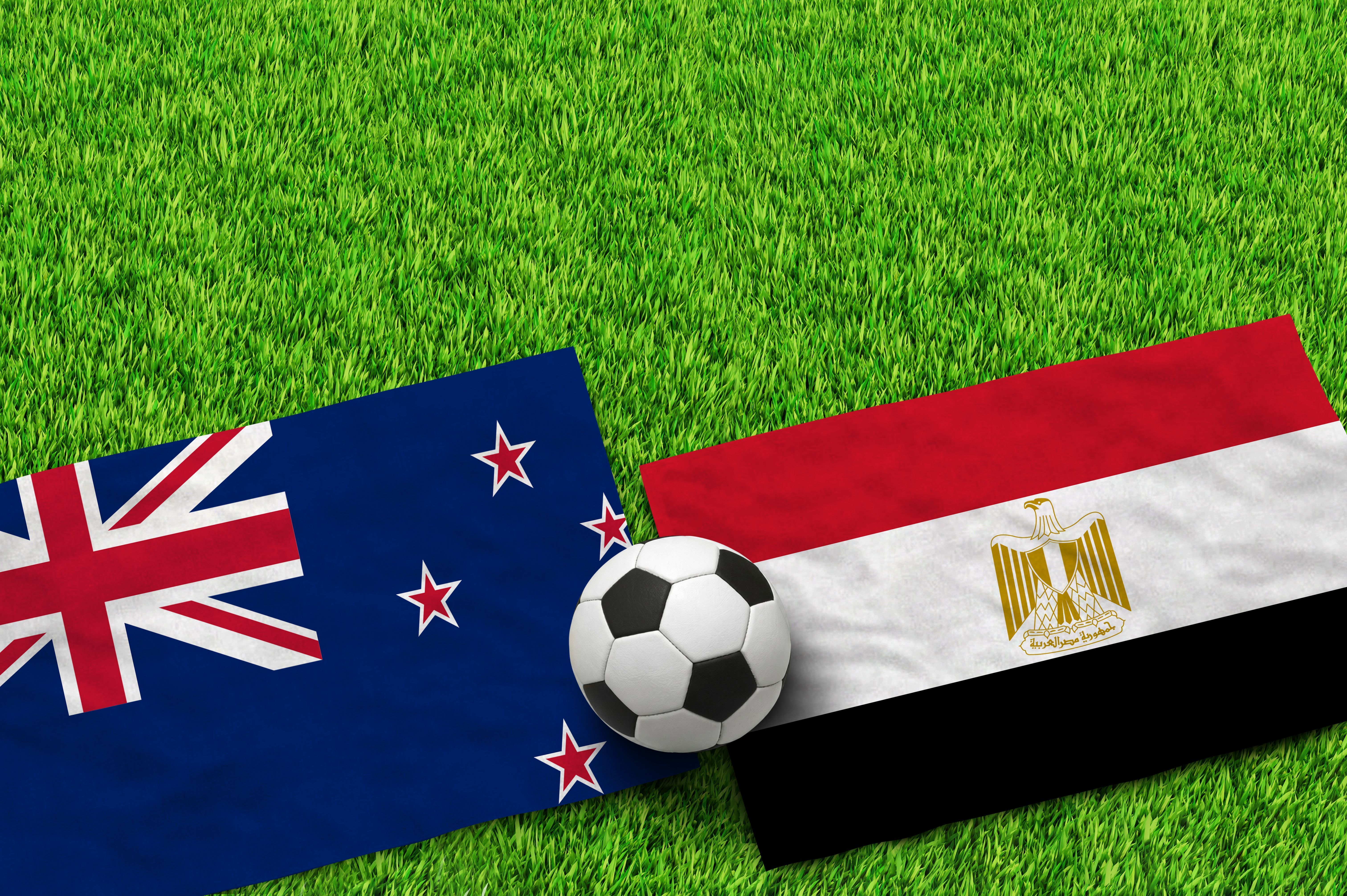 New Zealand and Egypt flags with soccer ball on green grass