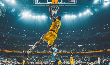 NBA player in a yellow and white uniform dunks on the basketball court