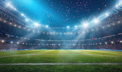 green soccer field under the glow of spotlights, the background of the winners