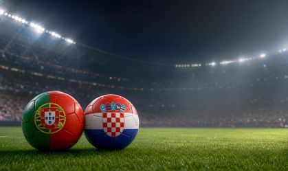 football match portugal vs croatia with ball in stadium with copy space design line up prediction world competition
