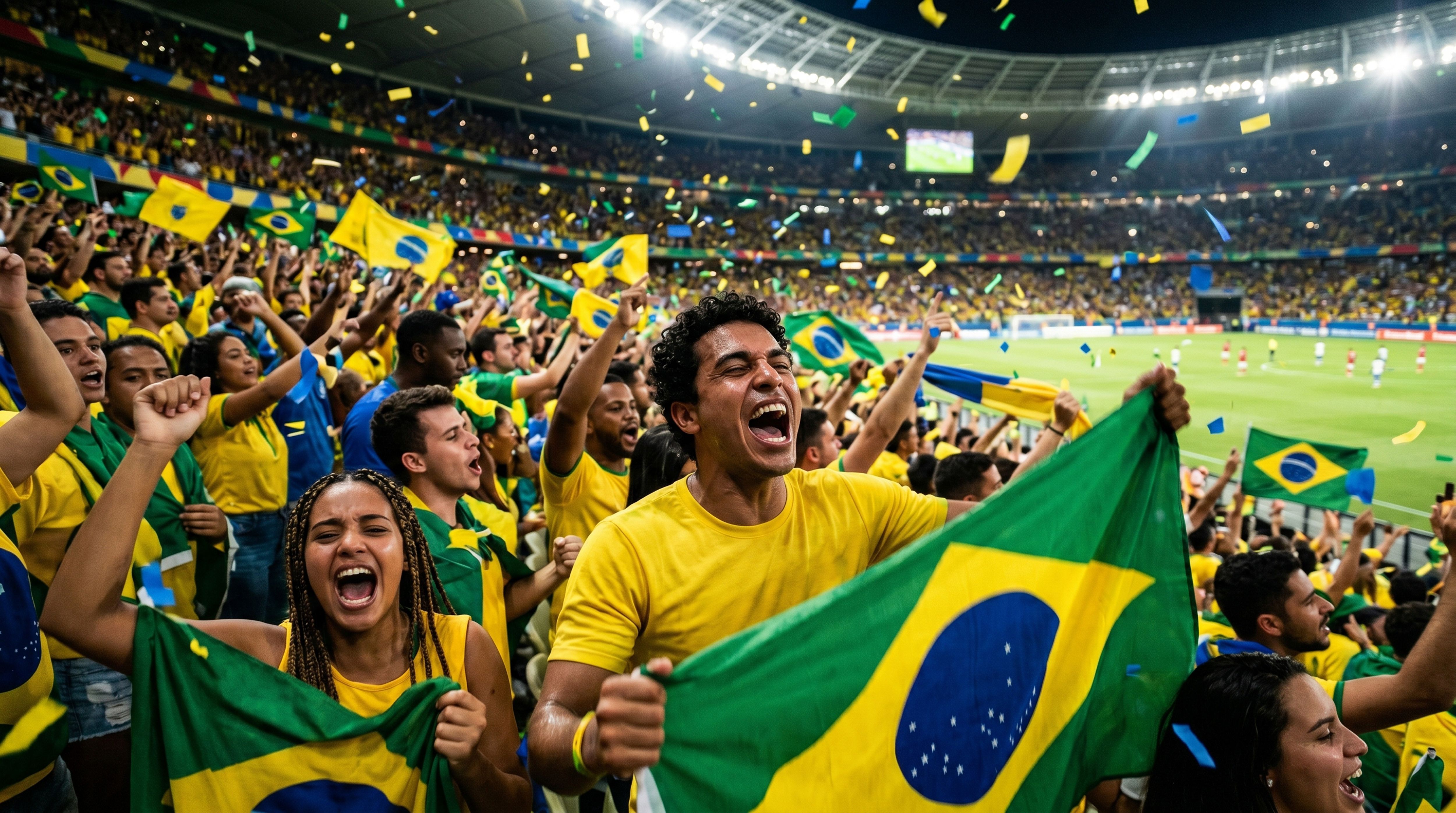 Passionate Brazilian football fans celebrate with flags and confetti in stadium