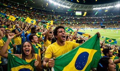 Passionate Brazilian football fans celebrate with flags and confetti in stadium