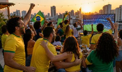 Torcedores brasileiros comemorando em festa no terraço