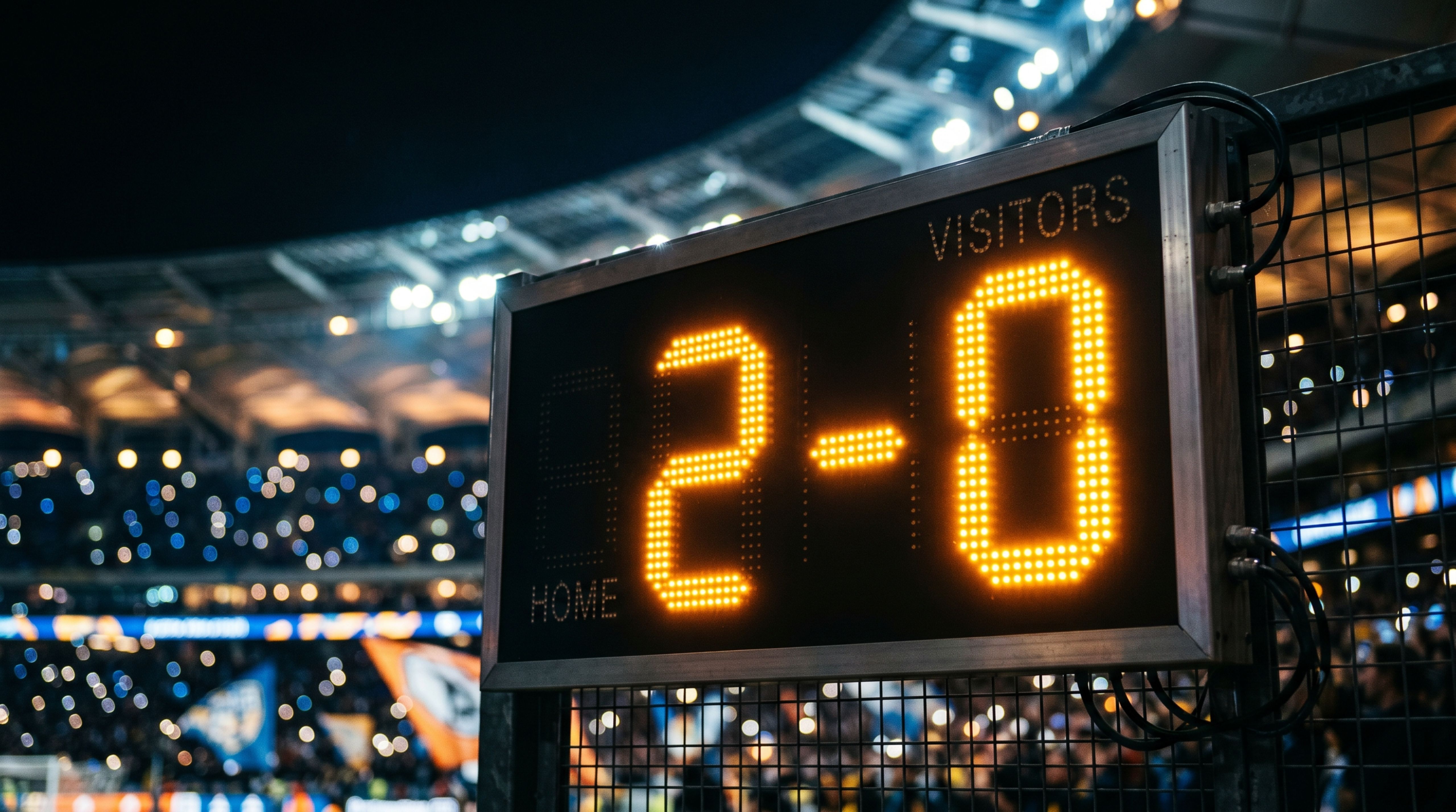 Digital soccer scoreboard showing a two zero score at night
