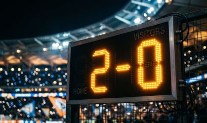 Digital soccer scoreboard showing a two zero score at night