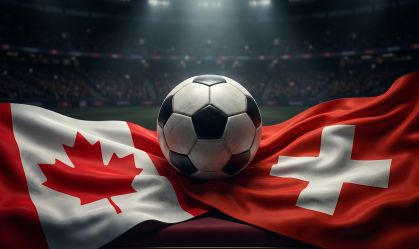 Canadian and swiss flags with a soccer ball in a stadium