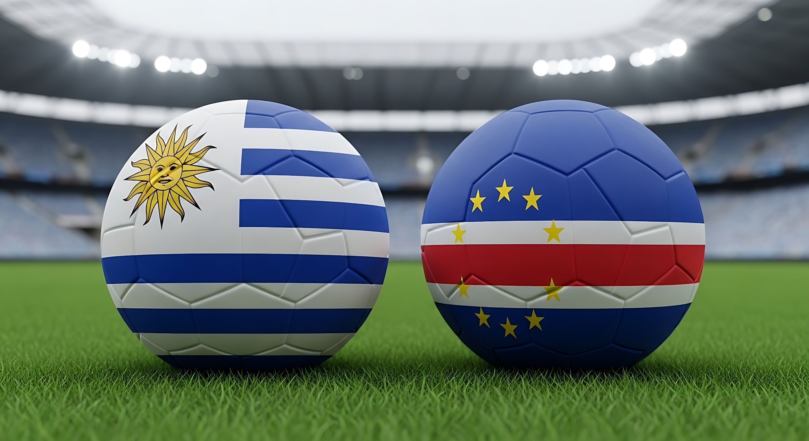 Two Soccer Balls with Uruguay and Cape Verde Flag Designs on a Grass Field in a Professional Stadium, Representing an International Football Tournament Match