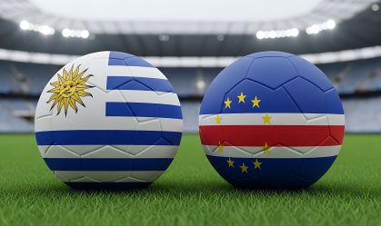 Two Soccer Balls with Uruguay and Cape Verde Flag Designs on a Grass Field in a Professional Stadium, Representing an International Football Tournament Match