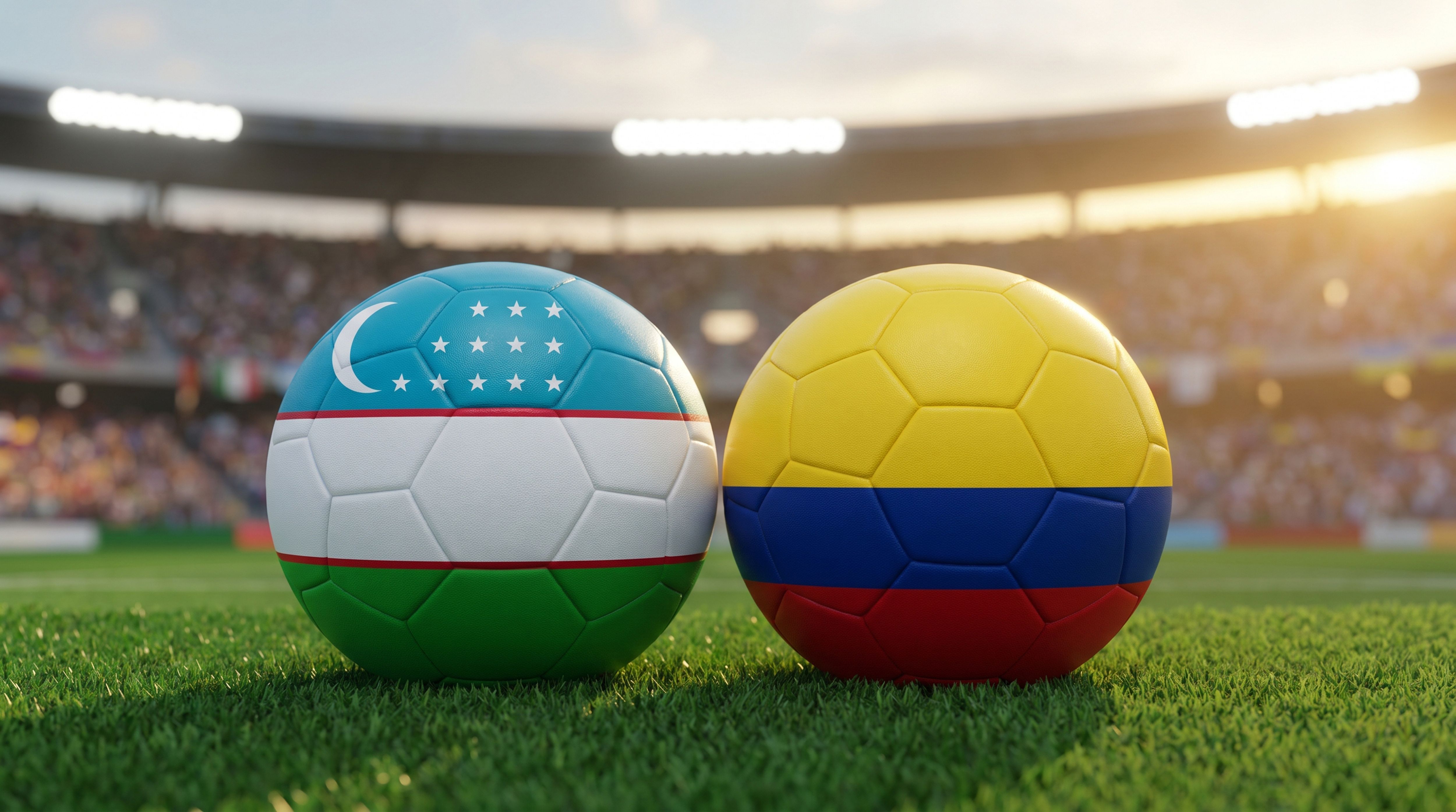 Uzbekistan vs. Colombia Football Match: Two National Flag Soccer Balls on a Stadium Field