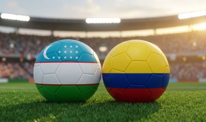 Uzbekistan vs. Colombia Football Match: Two National Flag Soccer Balls on a Stadium Field