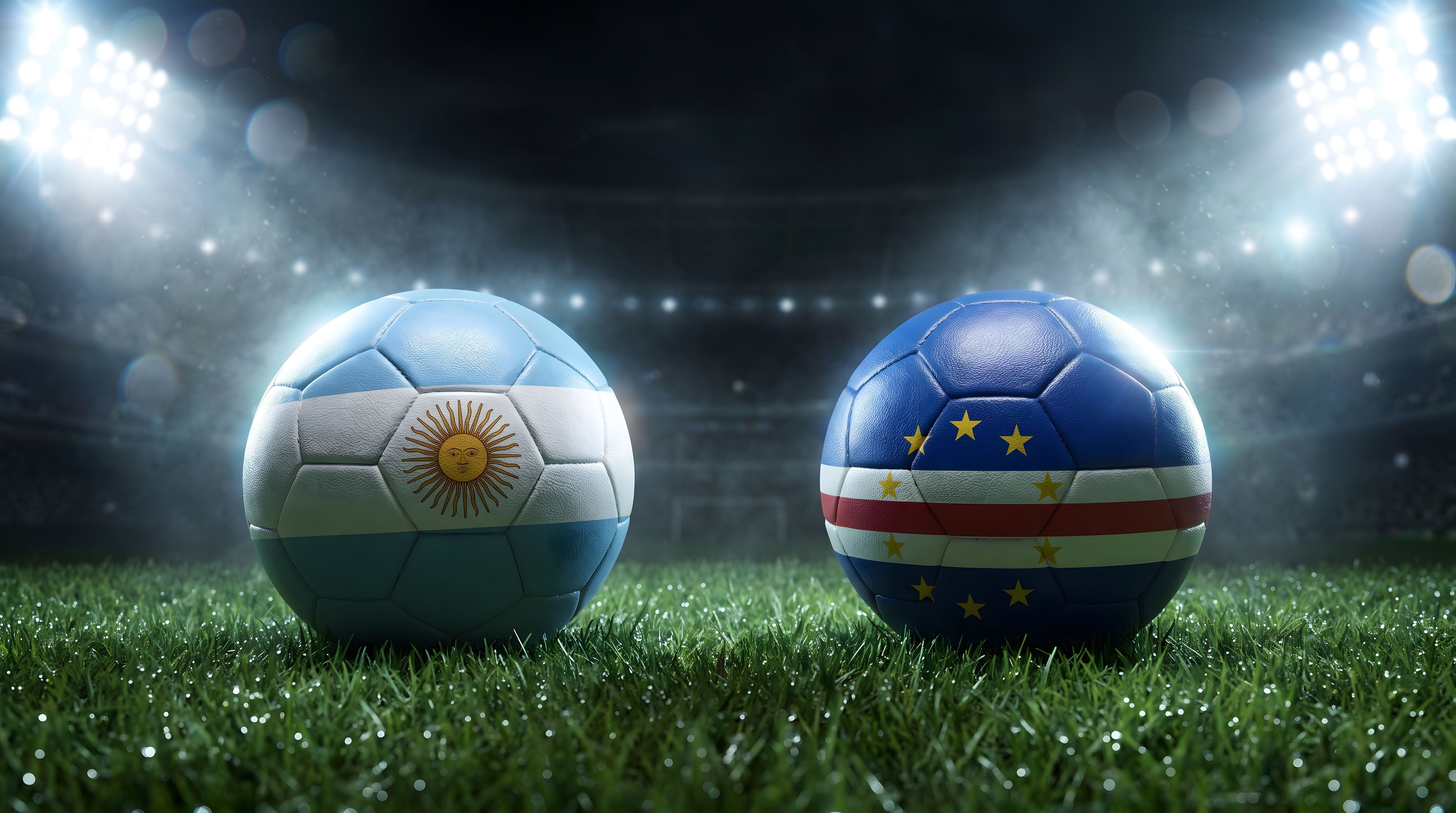 Dramatic Foot Ball Stadium Match with Argentina and Cape Verde Flag Footballs
