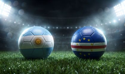 Dramatic Foot Ball Stadium Match with Argentina and Cape Verde Flag Footballs