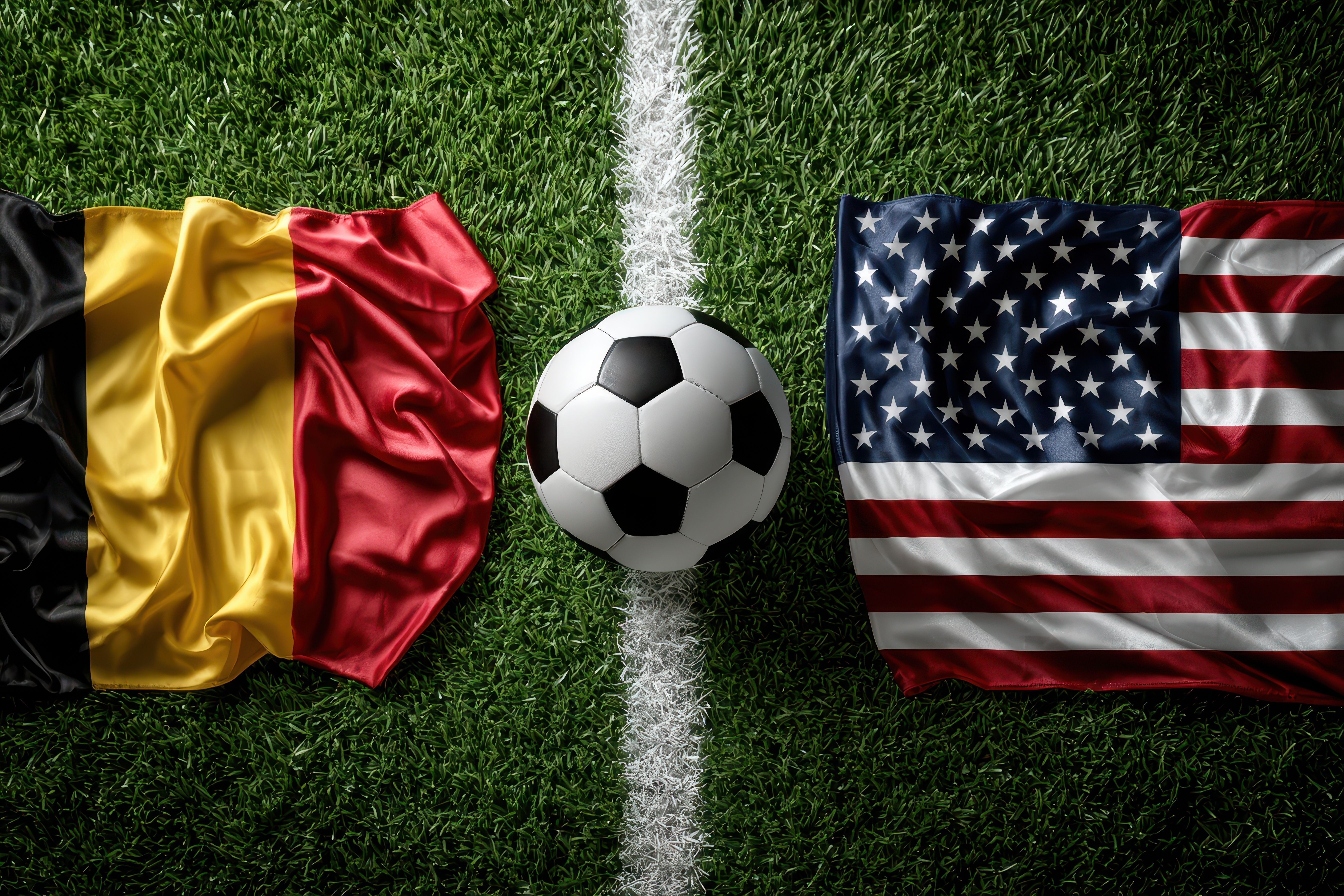 Dramatic Top View of Soccer Ball Between Belgium and USA Flags on Turf